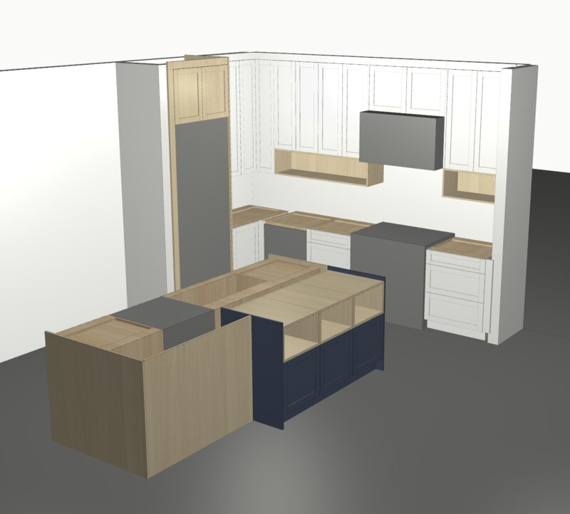 DodiHome kitchen design app — 3D dollhouse view showing custom cabinet layout with island
