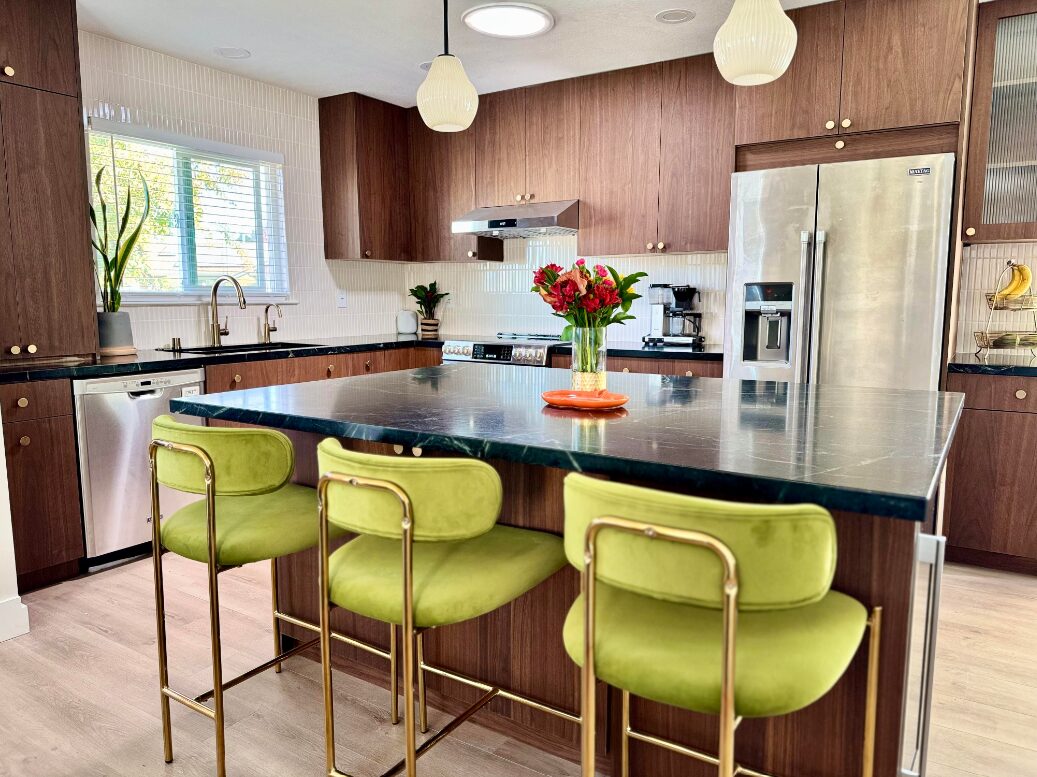 Primary finished-room view of san jose walnut kitchen cabinetry and surrounding surfaces